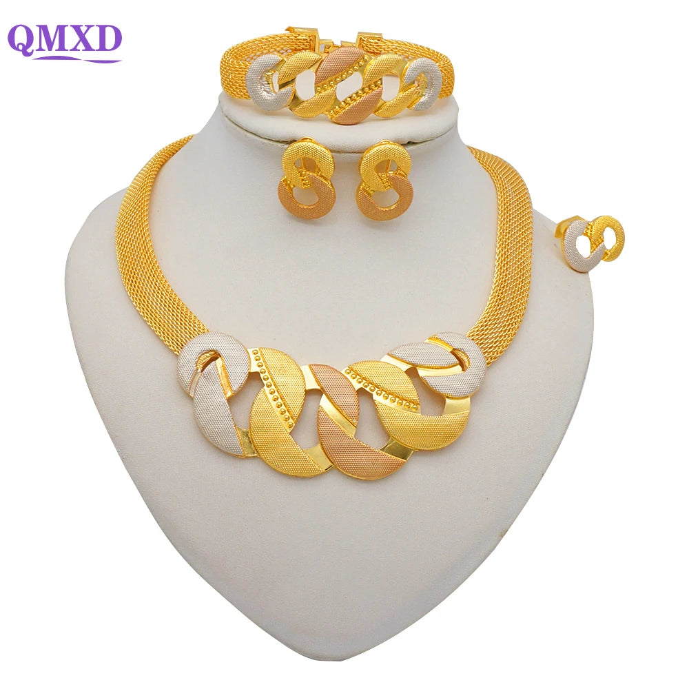 Trendy Nigerian Dubai Gold Color Jewelry Set For Women Tassel Long Chain Bridal Long Necklace Bracelet Earring Ring Wedding Sets