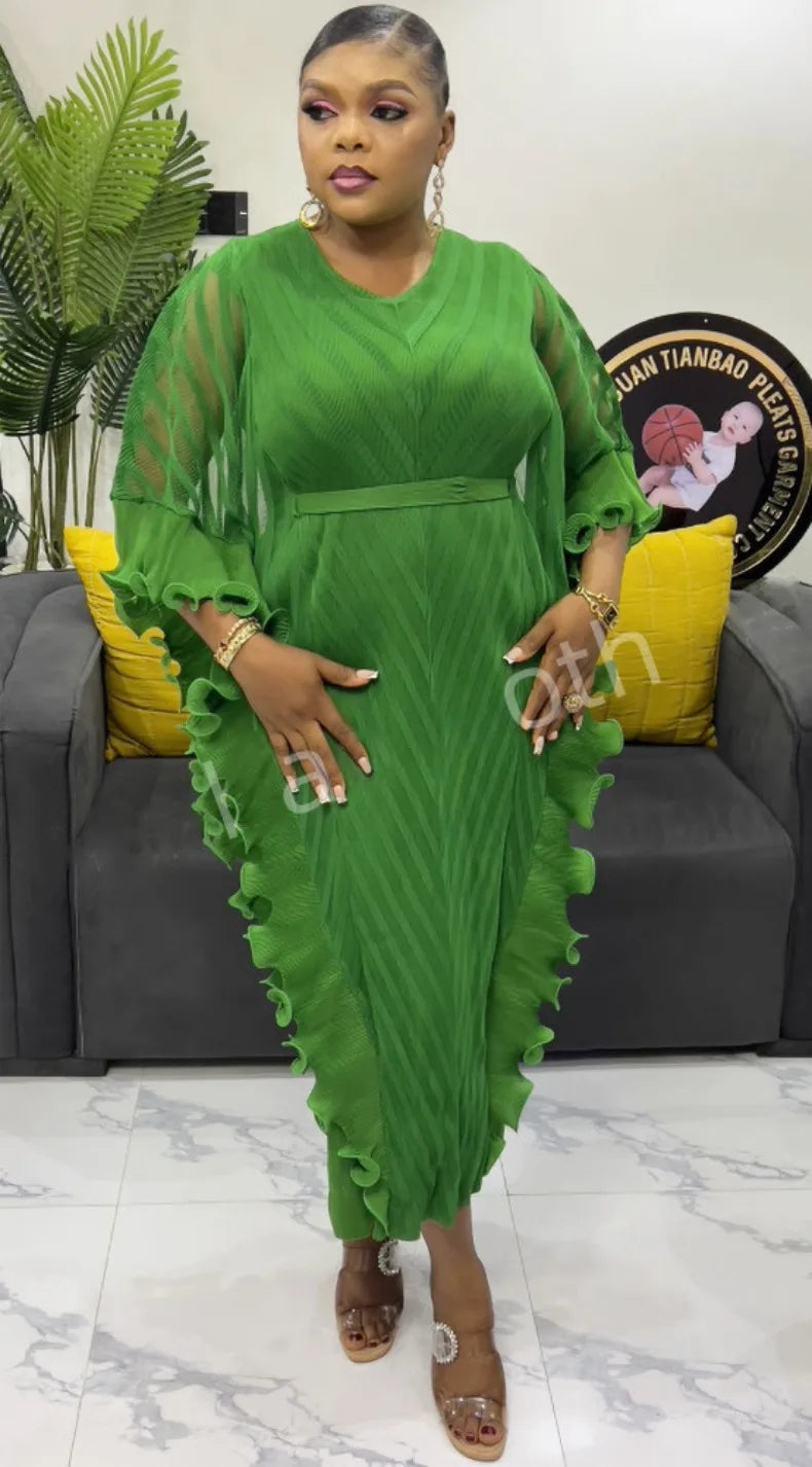 ANLAN Ruffles Pleated Dress Women V Neck Hanging Loose Style Dresses with Belt Female Elegant Clothing Spring 2025 New 2AN9083