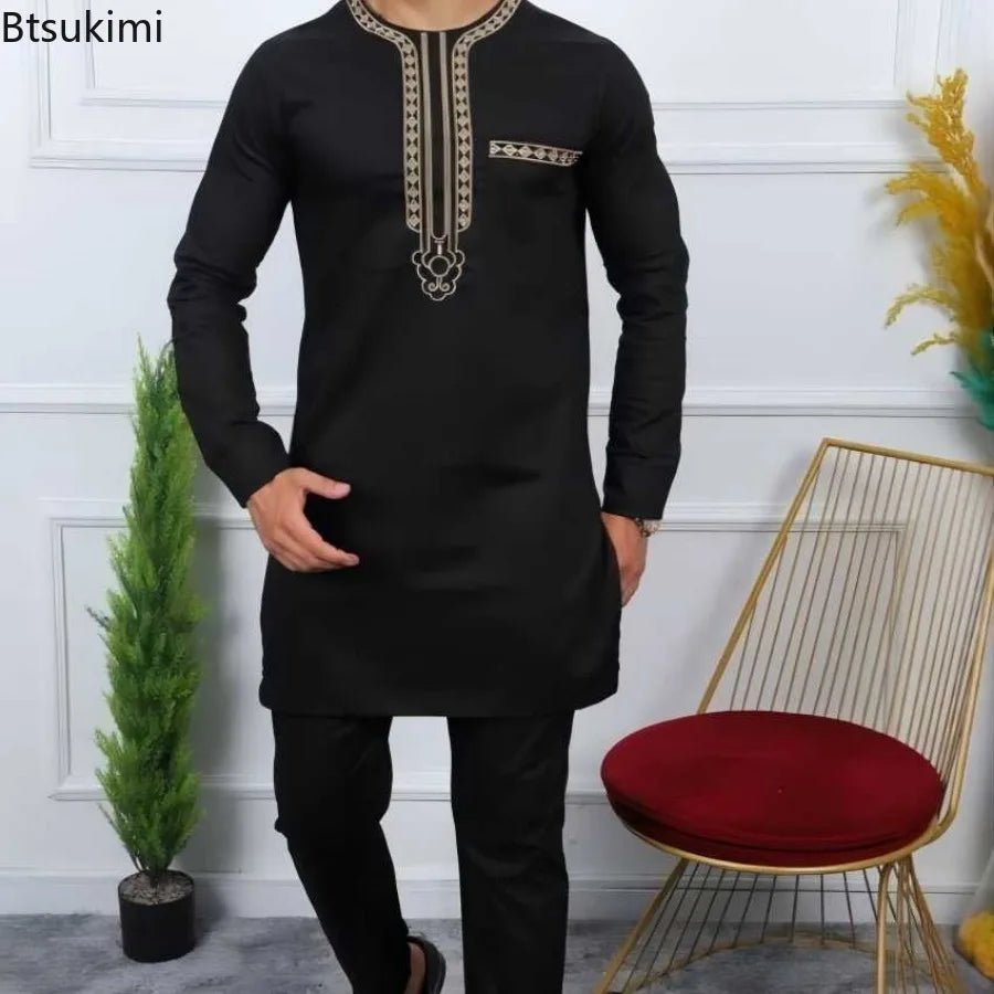 New Two-pieces Men's Dashiki Long Sleeve Top Pant Sets African Traditional Clothes Men's Luxury Kaftan Outfits Elegant Men Suits