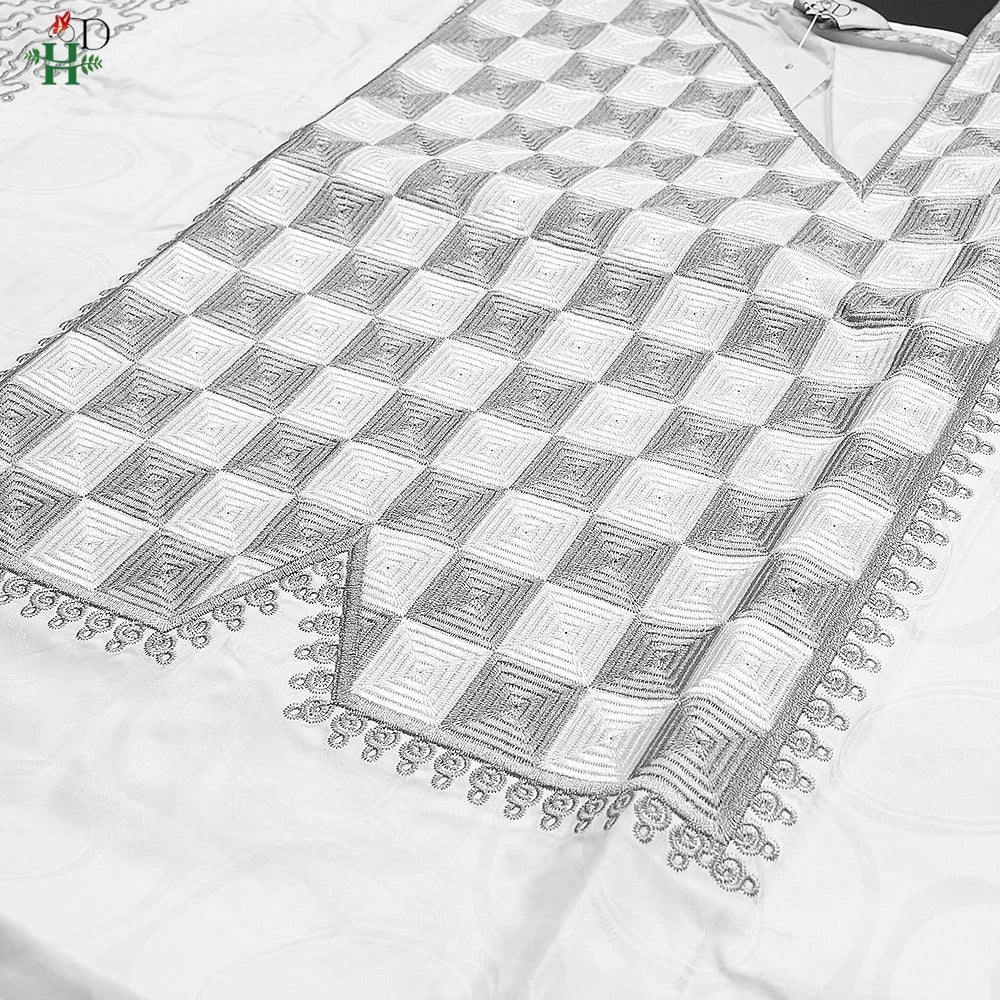 H&D New In African Summer Men's Long Sleeve Suit White Embroidery Dashiki Shirt Pants Sets 3 Pieces Outfits Wedding Party 2025