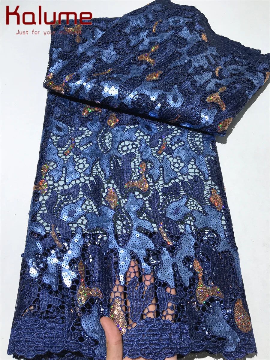 Kalume African Sequins Lace Fabric 2025 High Quality Material Nigerian Guipure Cord Lace Fabric for Party Dress Sewing F4058