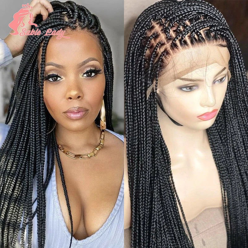 36" Synthetic Knotless Box Braided Wigs For Black Women Cornrow Braids Lace Wigs Full Lace Braids Hair Wig Black Braiding Hair