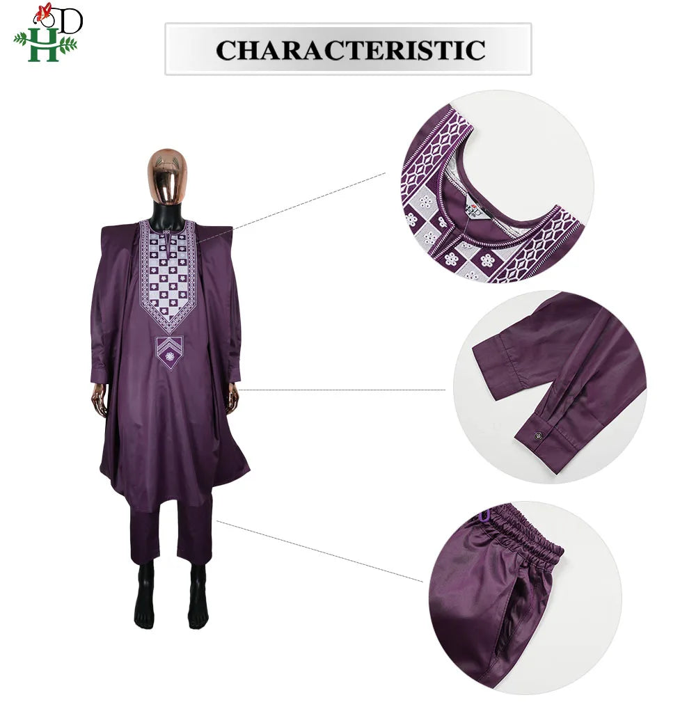 H&D African For Men Traditional 3PCS Outfit Thobe Set Purple Agbada Embroidered Robe Plus Size Wedding Christmas BouBou Ramadan
