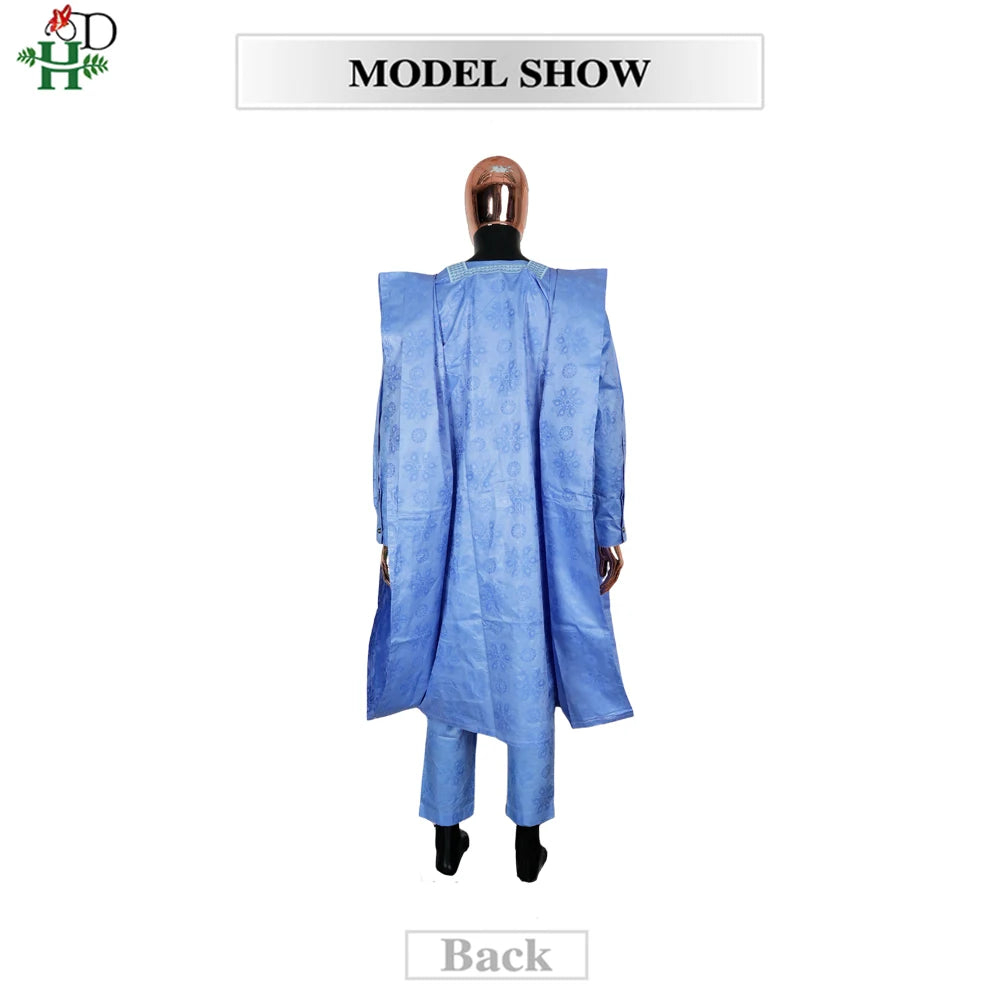 African Clothes Embroidery Blue Gown Plus Size For Men Elegant Party Wedding Thobe 3 PC Top and Pants Suits Set Daily Wear 2025