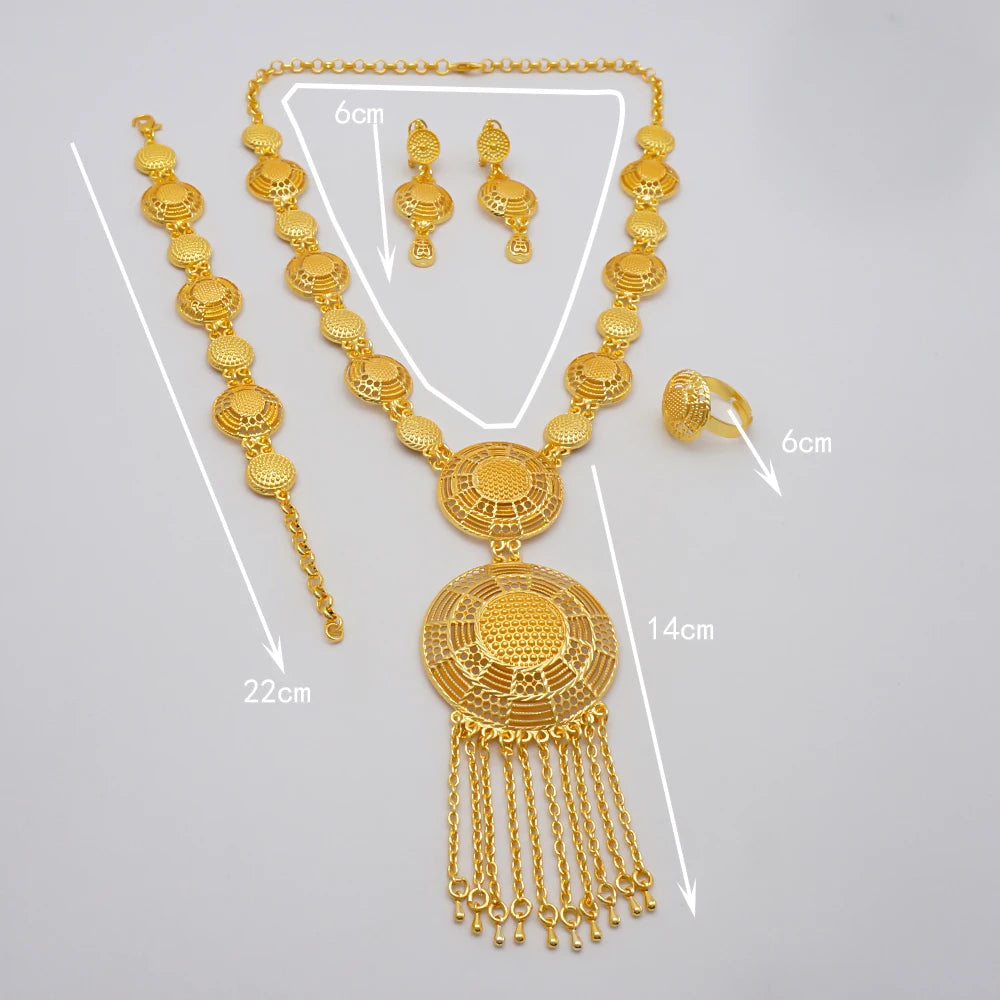 Trendy Nigerian Dubai Gold Color Jewelry Set For Women Tassel Long Chain Bridal Long Necklace Bracelet Earring Ring Wedding Sets