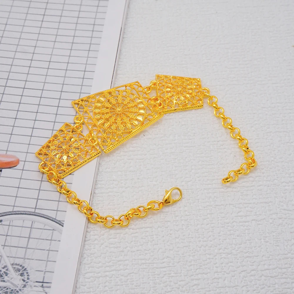 Dubai Jewelry Set Golden Color Drop Earring Cuff Bracelet Bangle Pendant Necklace Arab Wedding Gift