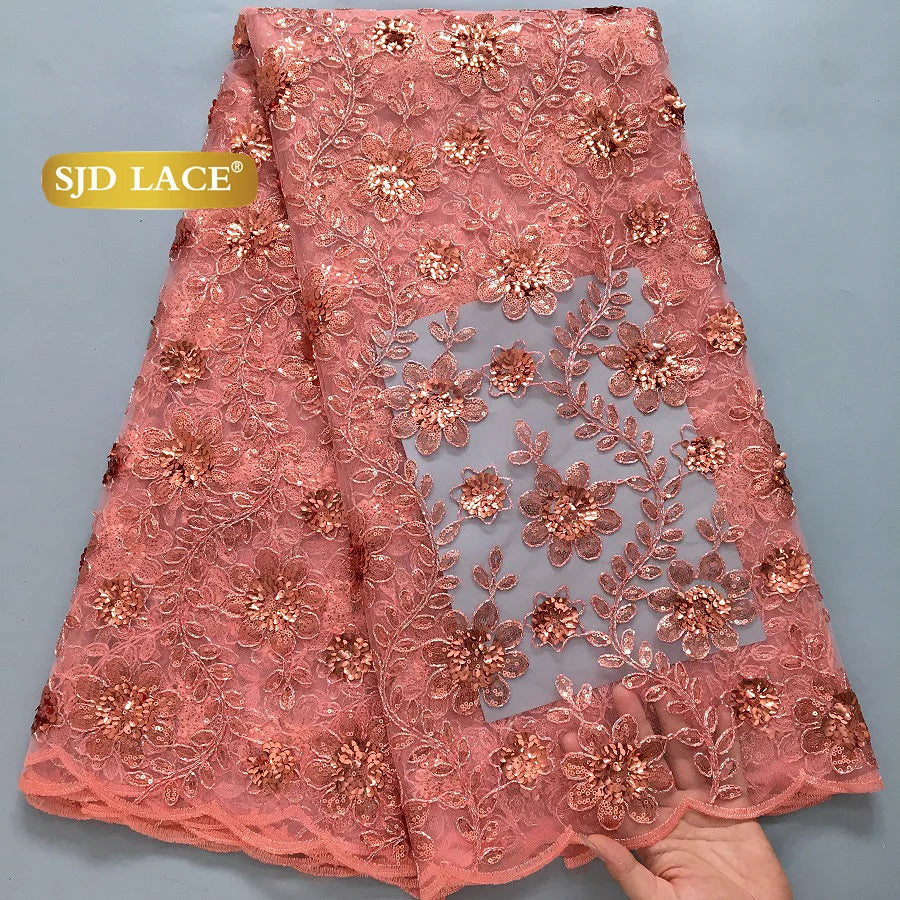 SJD LACE 5Yards Nigerian Tulle Mesh Lace Fabric 2025 High Quality French African Sequins Net Lace for Women Wedding Dresses 4173