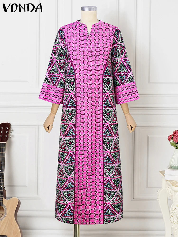 Women Floral Printed Maxi Dress 2025 VONDA Autumn Long Sleeve Loose Long Robe Bohemian Vestidos Oversize V-neck Sundress Baggy