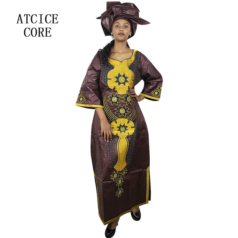 African Dresses For Woman Bazin Riche Embroidery Desing Long Dress With Scarf 2 Piece Set