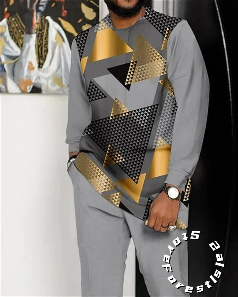 Men Tracskuit Set 2-piece Striped 3D Printed Casual Walking Suit Fashion Streetwear Long Sleeve T-Shirt Trousers Outfits