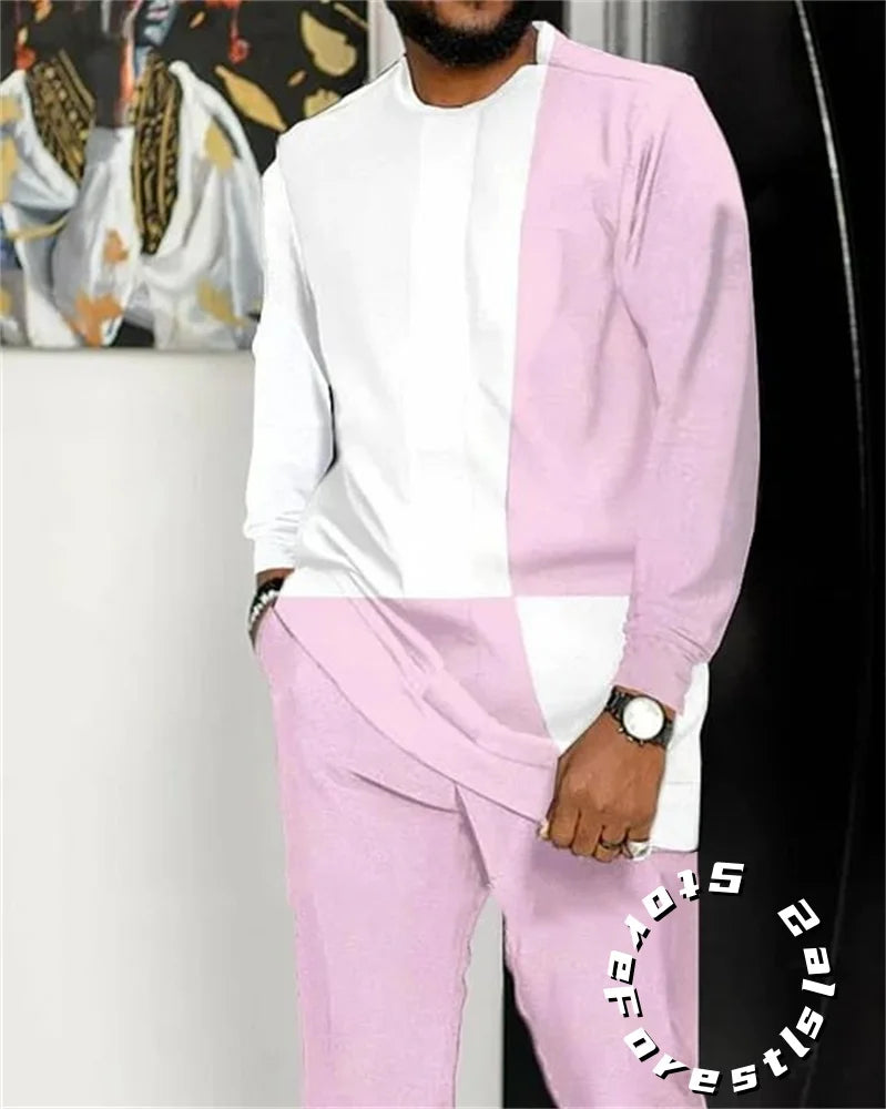 Men Tracskuit Set 2-piece Striped 3D Printed Casual Walking Suit Fashion Streetwear Long Sleeve T-Shirt Trousers Outfits