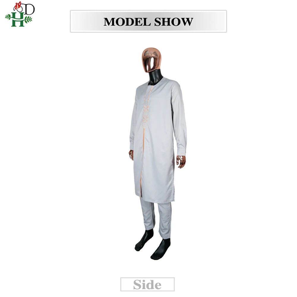 H&D African Agbada Robe Men 2 Pieces Set Embroidery Dashiki Shirt Africa Clothes Long Sleeve Cover Tops Pants Suit Robes Outfit