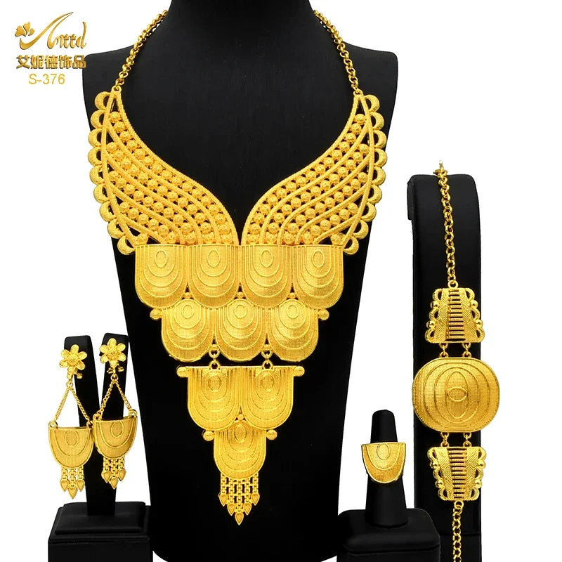 Indian Big 24k Gold Plated Jewelry Set For Women Party Dubai African Necklace Sets Bridal Wedding Gifts Arabic Jewelry Sets