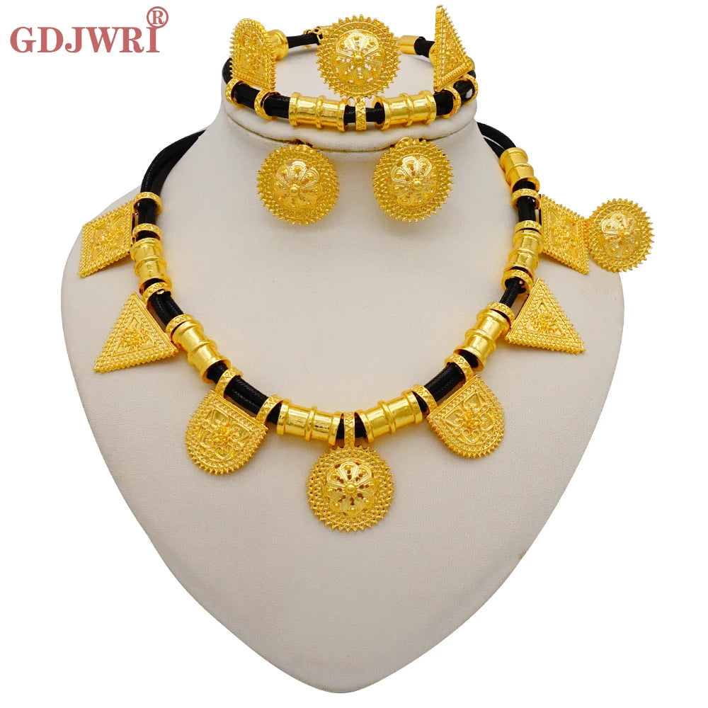 Necklace Sets For Women Dubai African Gold Color Jewelry Set Bride Earrings Rings Indian Nigerian Wedding Jewelery Set Gift