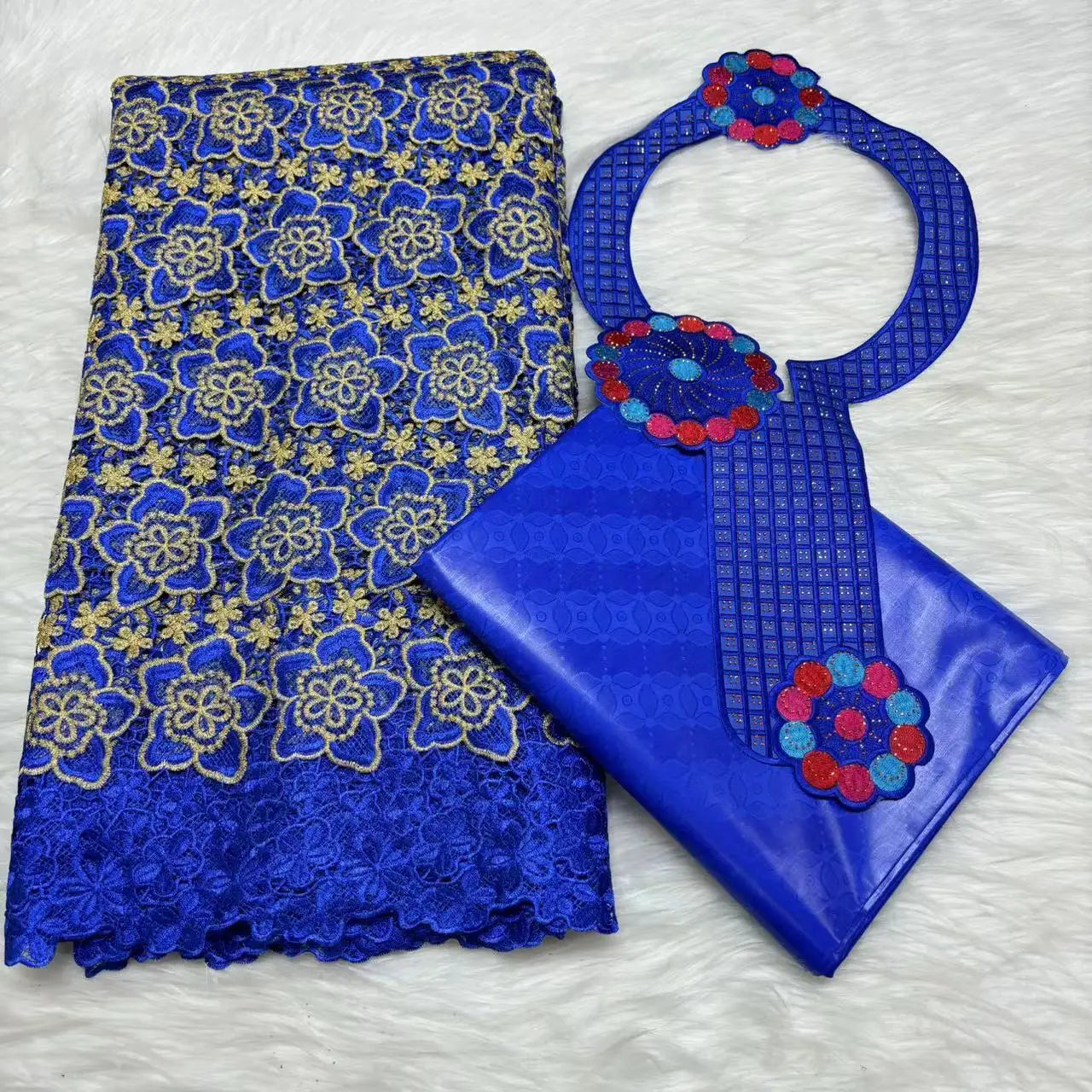 2024 High Quality 2.5yards Bazin Riche Brocade Fabric +2.5 Yards African Cotton Lace Fabric with Collar Set for Dress  M4-1212-1