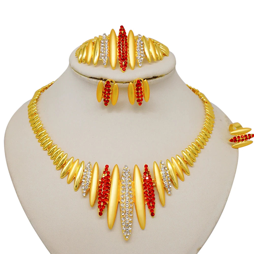 Trendy Nigerian Dubai Gold Color Jewelry Set For Women Tassel Long Chain Bridal Long Necklace Bracelet Earring Ring Wedding Sets
