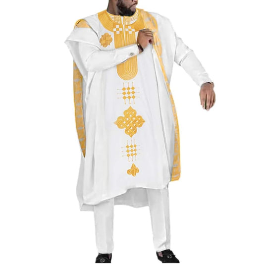 New African Clothes for Men Dashiki Tradition Outfit Robe Embroidery White Tops Pants Suits Bazin Muslim Wedding Party Clothing