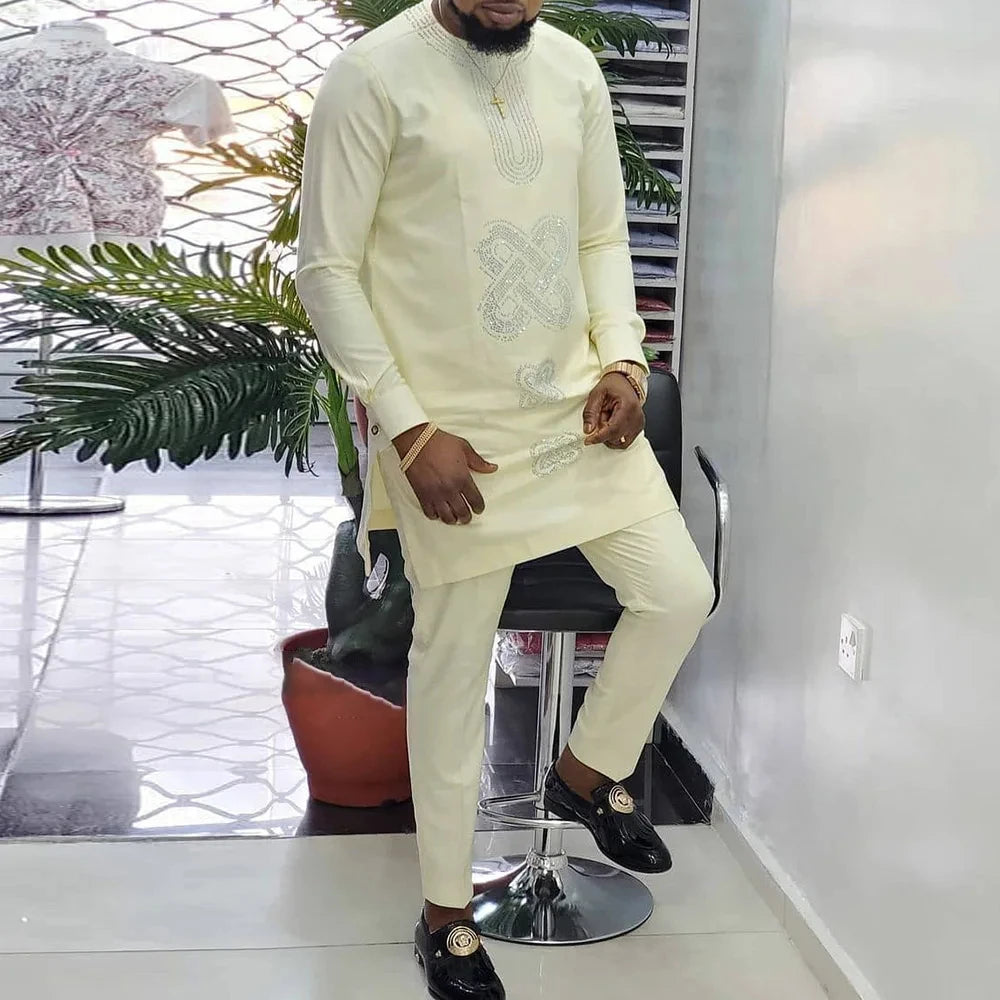 2024 African Youth Stand Collar Slim Fit Brown Ordinary Spring And Autumn Casual Shirt Dashiki Suit Muslim Suit Rich Bazin