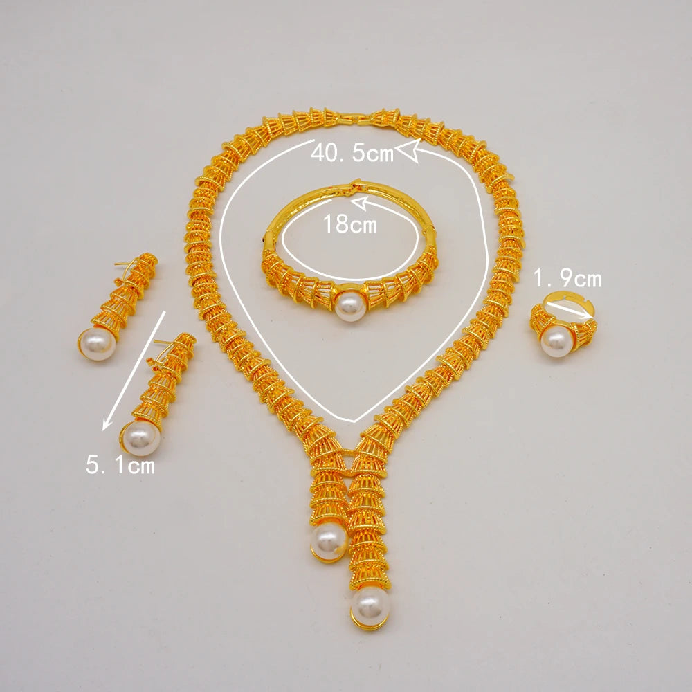 Trendy Nigerian Dubai Gold Color Jewelry Set For Women Tassel Long Chain Bridal Long Necklace Bracelet Earring Ring Wedding Sets