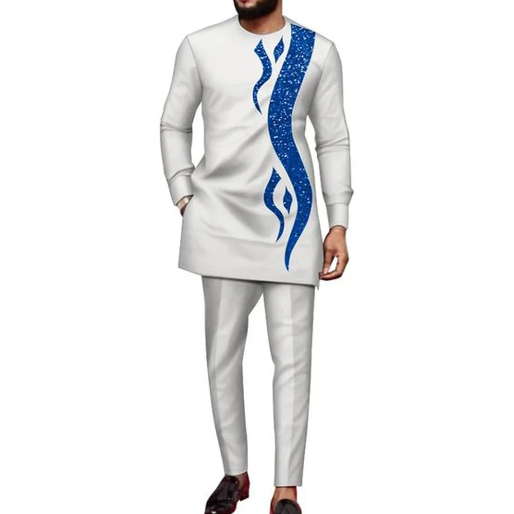 Kaftan Elegant Men's Suit Long Sleeve Ethnic Style Casual EmbroideryTop And Pants 2PCS Sets African Fashion Traditional Outfits