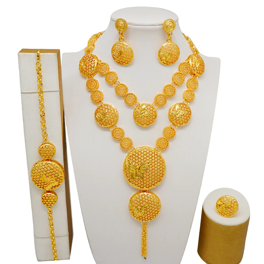 Dubai Gold Color Jewelry Set For Woman Bridal Nigerian African Long Chain Necklace Earrings Bracelet Ring Jewellery Set