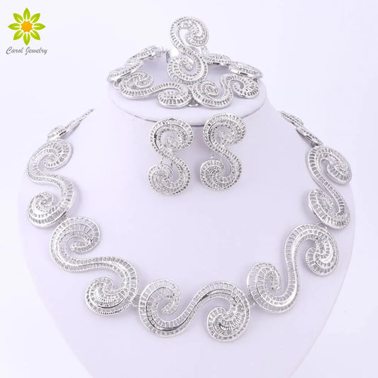 African Jewellery Sets Silver Color Hollow Out Necklace Bracelet Ring Earrings Sets Classic Bridal Jewelry Sets
