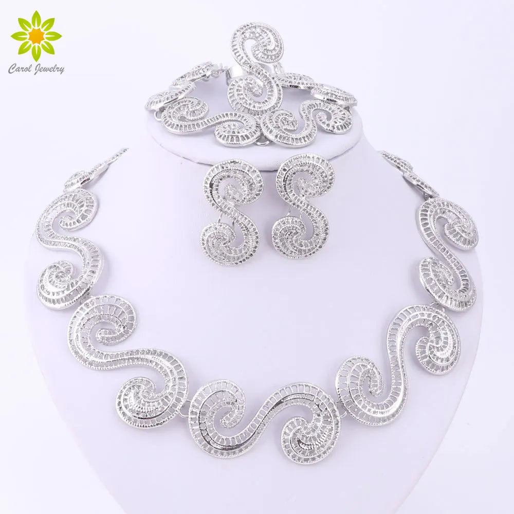 African Jewellery Sets Silver Color Hollow Out Necklace Bracelet Ring Earrings Sets Classic Bridal Jewelry Sets