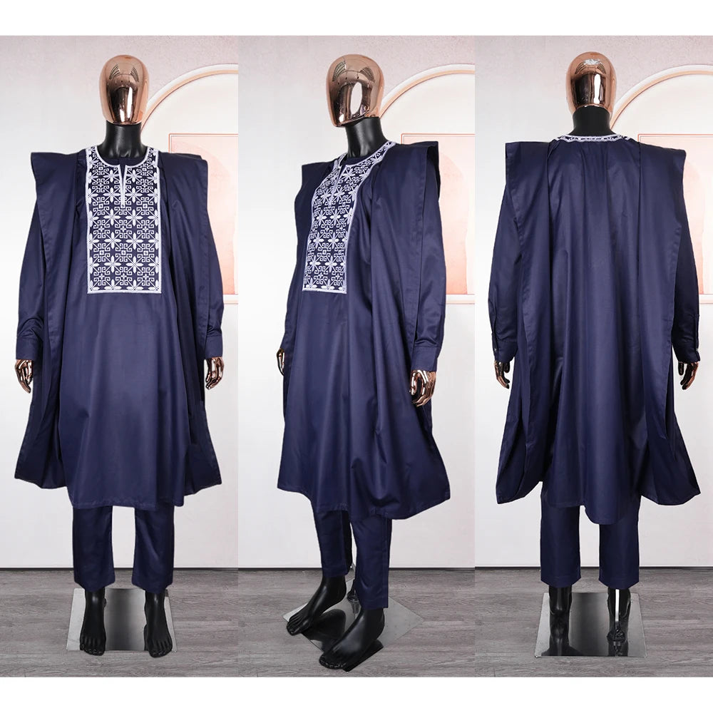 H&D African Suit For Men Robe Shirt Pants Set Long Sleeve Tops Embroidery Agbada Clothes Blue Africain Homme Traditional Robes
