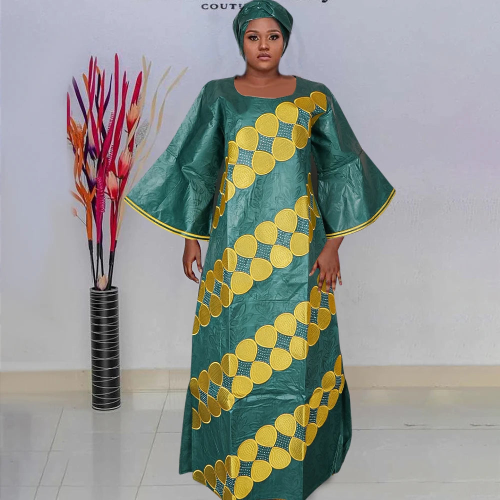 H&D New African Dresses For Women Embroidery Bazin Floral Dresses Ankara Rich Long Robes Nigeria Party Wedding Ramadan