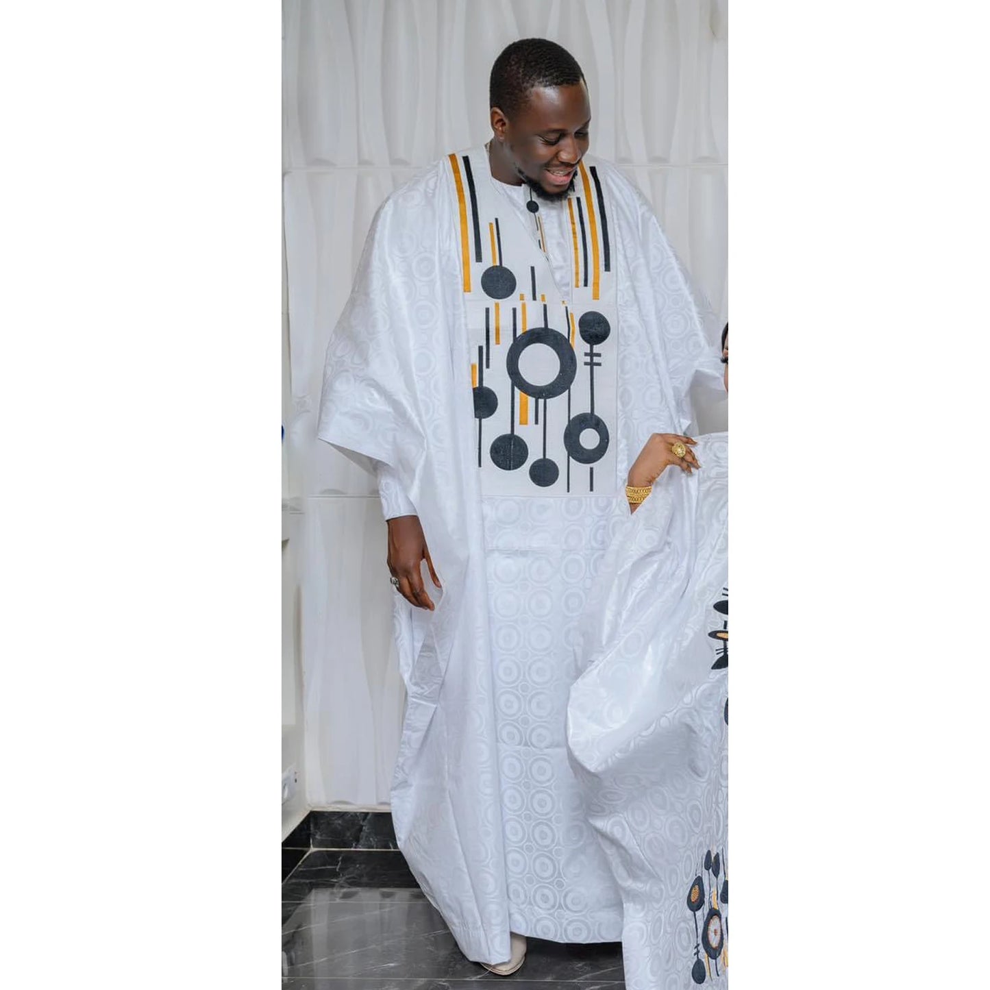 African Dresses For Women Bazin Riche Emboridery Design Floor Length With Scarf Couple Design