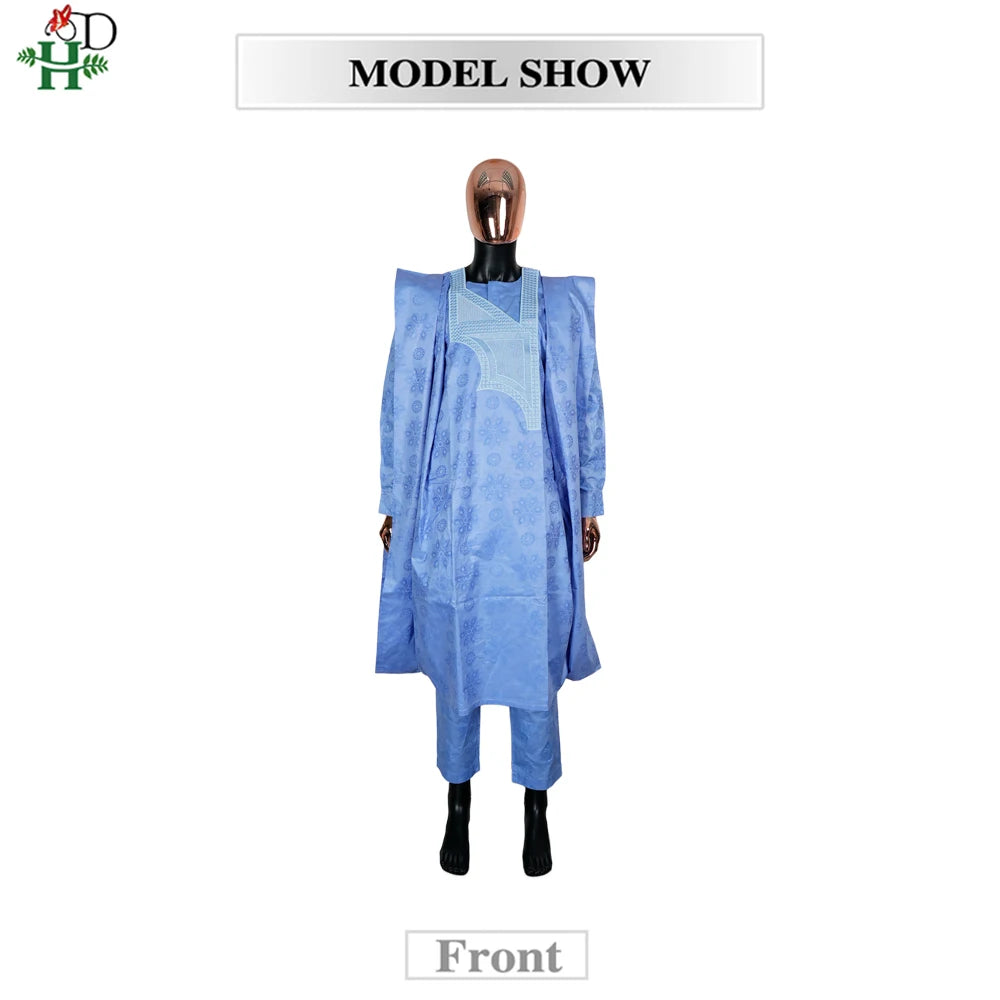 African Clothes Embroidery Blue Gown Plus Size For Men Elegant Party Wedding Thobe 3 PC Top and Pants Suits Set Daily Wear 2025