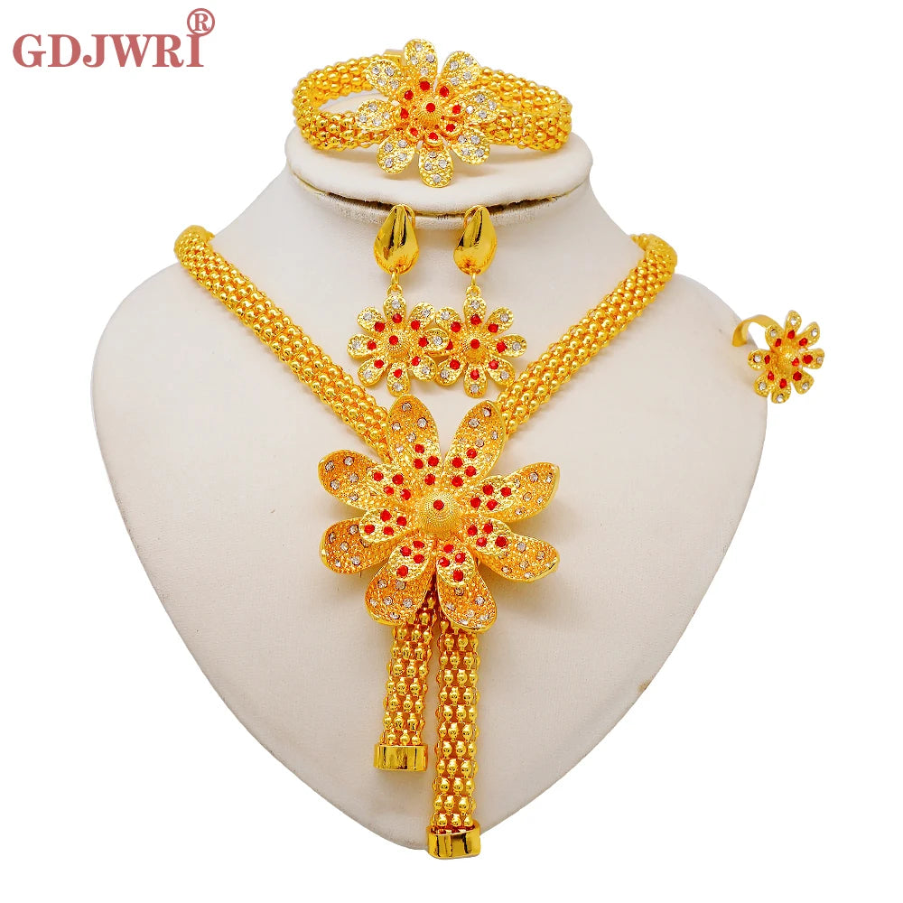 Nigeria Dubai Gold Color Fine Flowers Jewelry Sets African Wedding Gifts Party For Women Bracelet Necklace Earrings Ring Set