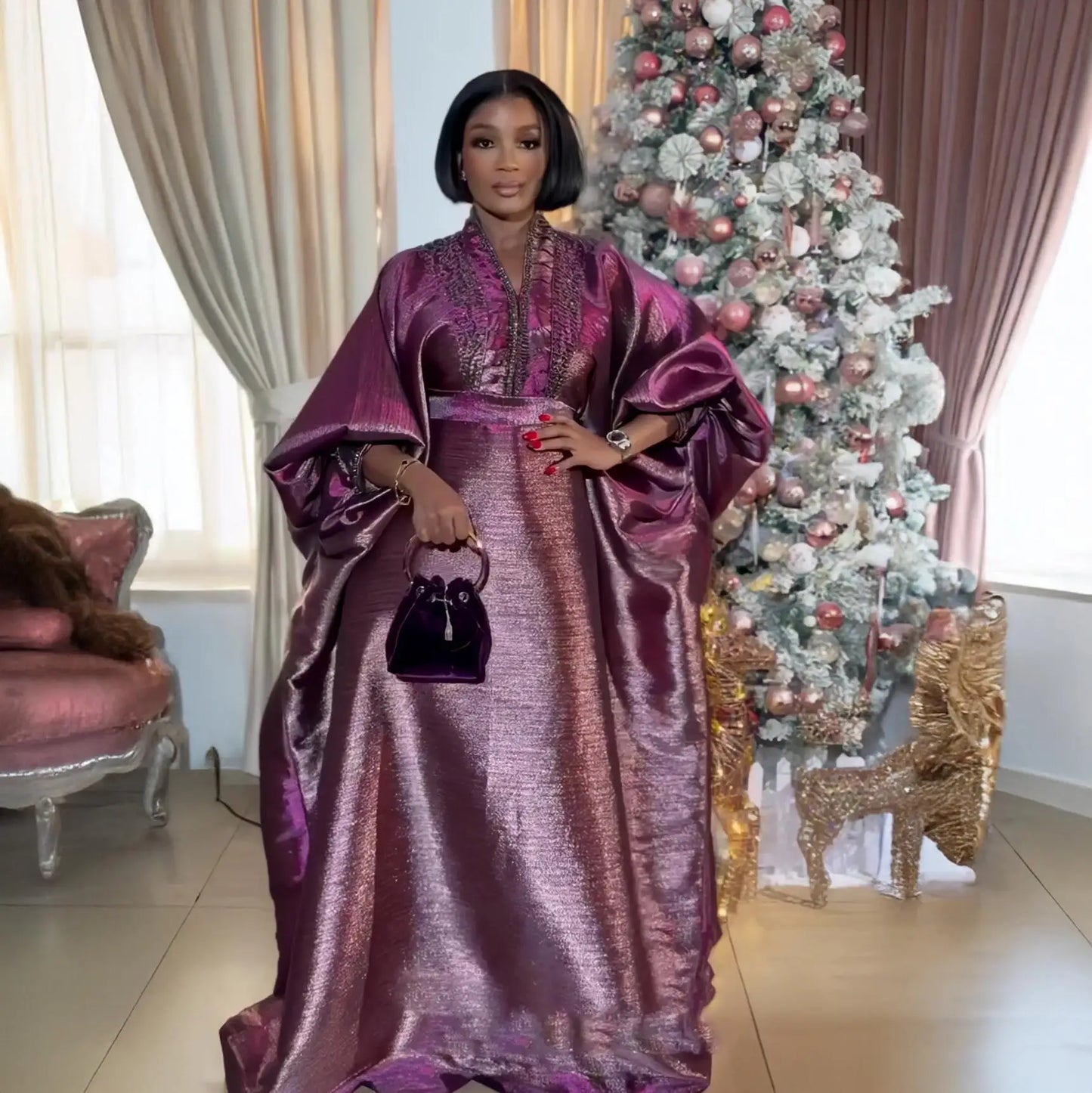 fashion turkey dresses for woman luxury elegant 2025 V-neck rhinestones dresses for church boubou  african dresses