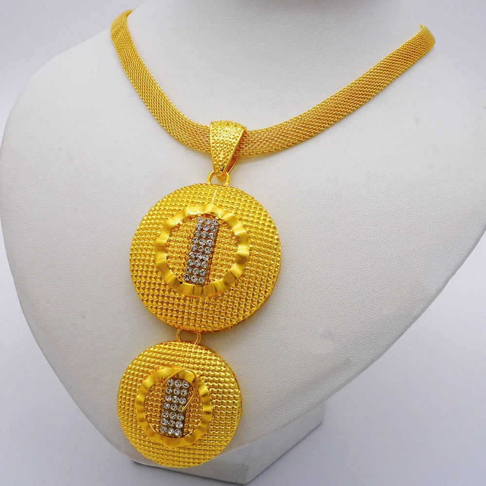 Trendy Nigerian Dubai Gold Color Jewelry Set For Women Tassel Long Chain Bridal Long Necklace Bracelet Earring Ring Wedding Sets