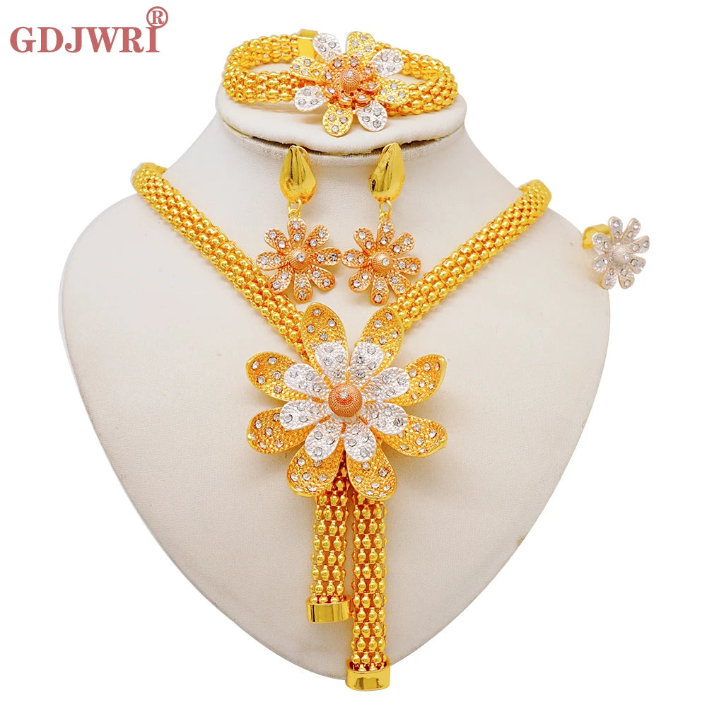 Nigeria Dubai Gold Color Fine Flowers Jewelry Sets African Wedding Gifts Party For Women Bracelet Necklace Earrings Ring Set