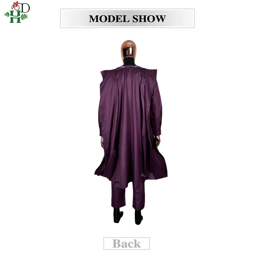 H&D African For Men Traditional 3PCS Outfit Thobe Set Purple Agbada Embroidered Robe Plus Size Wedding Christmas BouBou Ramadan