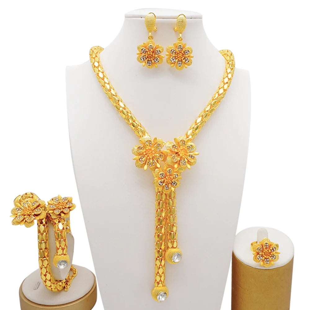 Trendy Nigerian Dubai Gold Color Jewelry Set For Women Tassel Long Chain Bridal Long Necklace Bracelet Earring Ring Wedding Sets