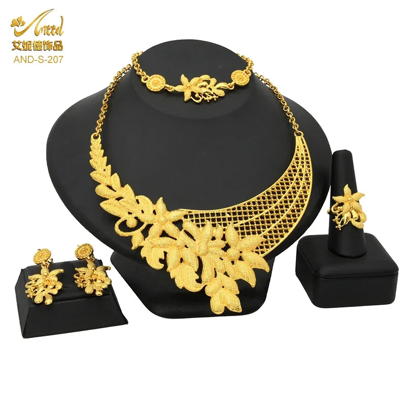 ANIID Indian Dubai Luxury 24k Gold Plated Necklace And Earrings Jewelry Sets For Women Ethiopian Bridal Set Wedding Party Gifts