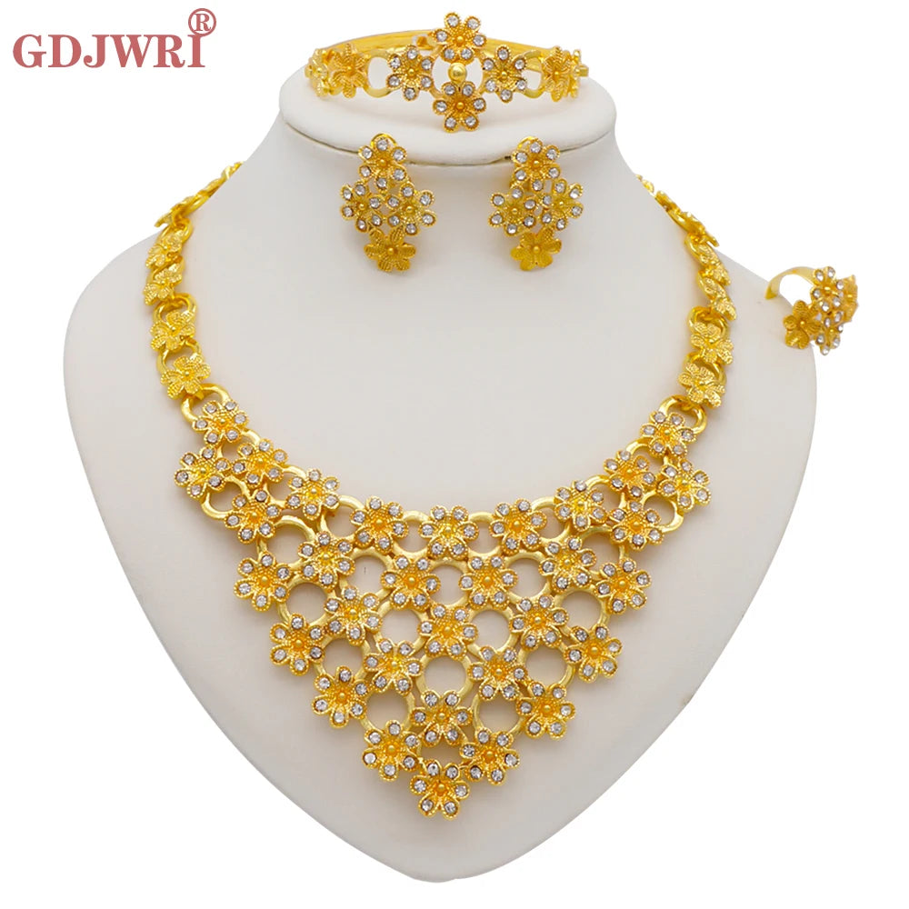 Necklace Sets For Women Dubai African Gold Color Jewelry Set Bride Earrings Rings Indian Nigerian Wedding Jewelery Set Gift