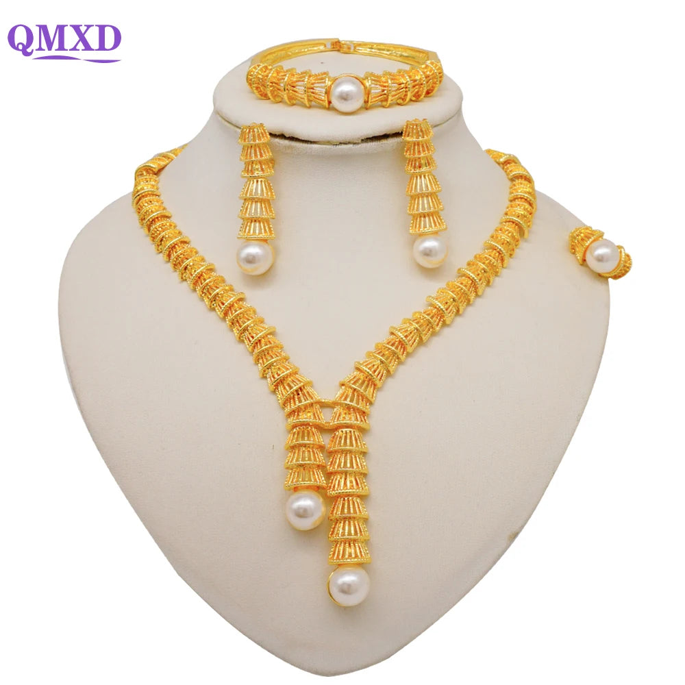 Trendy Nigerian Dubai Gold Color Jewelry Set For Women Tassel Long Chain Bridal Long Necklace Bracelet Earring Ring Wedding Sets