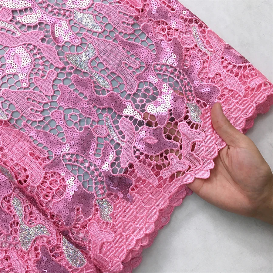 Kalume African Sequins Lace Fabric 2025 High Quality Material Nigerian Guipure Cord Lace Fabric for Party Dress Sewing F4058