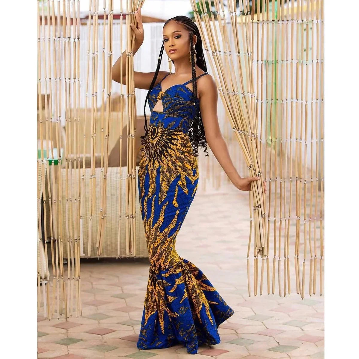 African Women's Clothing Bodycon Hollow Out Printed Dress Fishtail Suspenders Maxi Skirt Banquet Party Dress Slim Fit Hollow Out