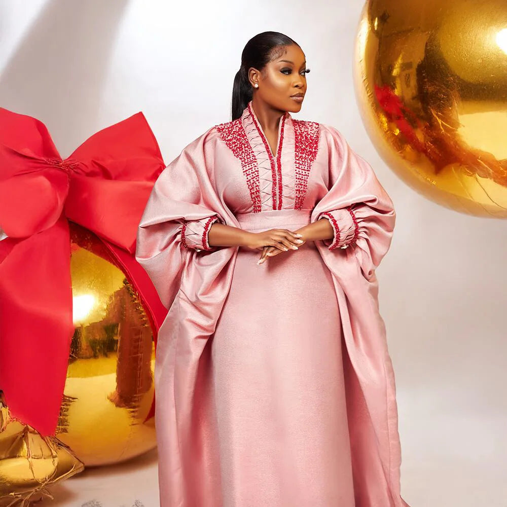 fashion turkey dresses for woman luxury elegant 2025 V-neck rhinestones dresses for church boubou  african dresses