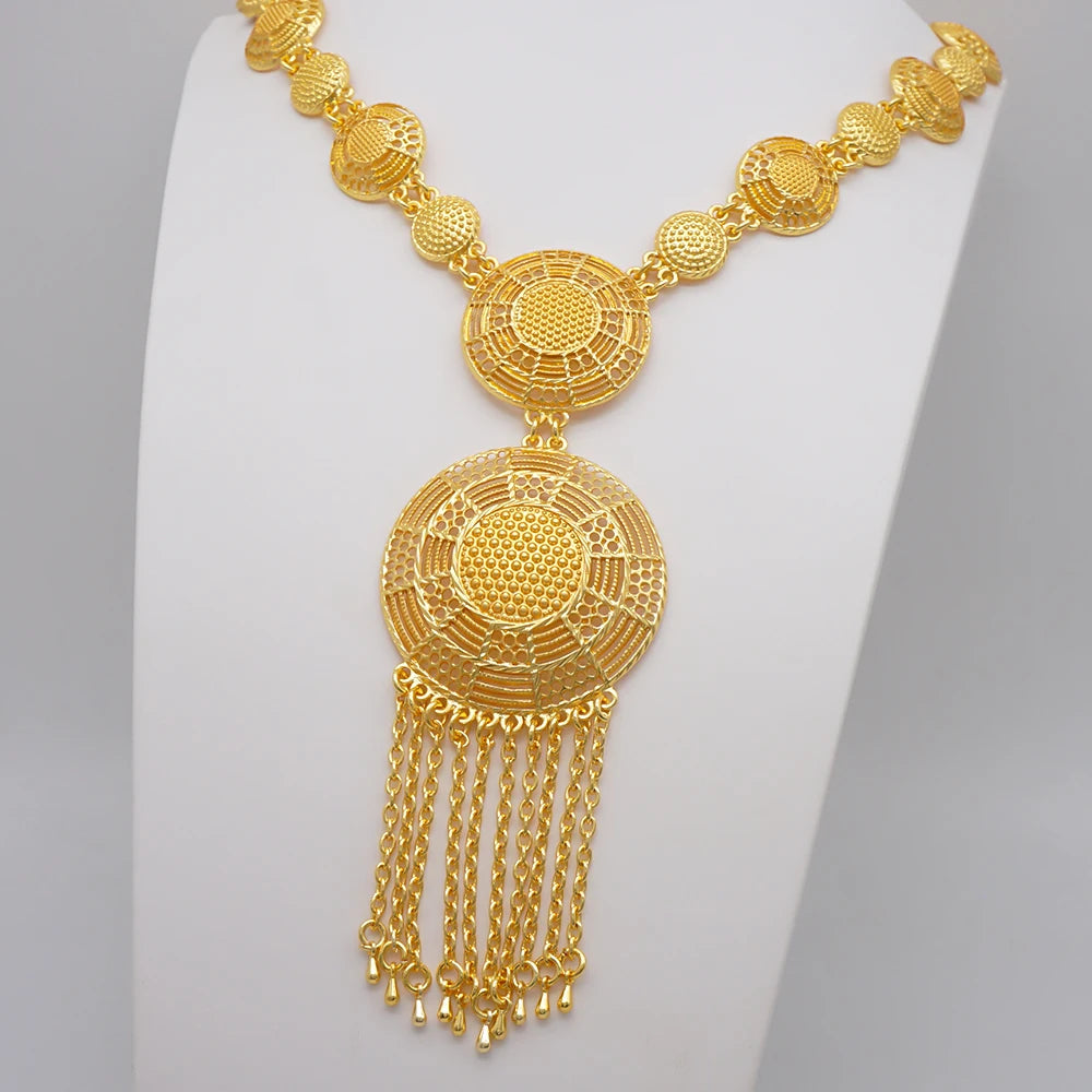 Trendy Nigerian Dubai Gold Color Jewelry Set For Women Tassel Long Chain Bridal Long Necklace Bracelet Earring Ring Wedding Sets