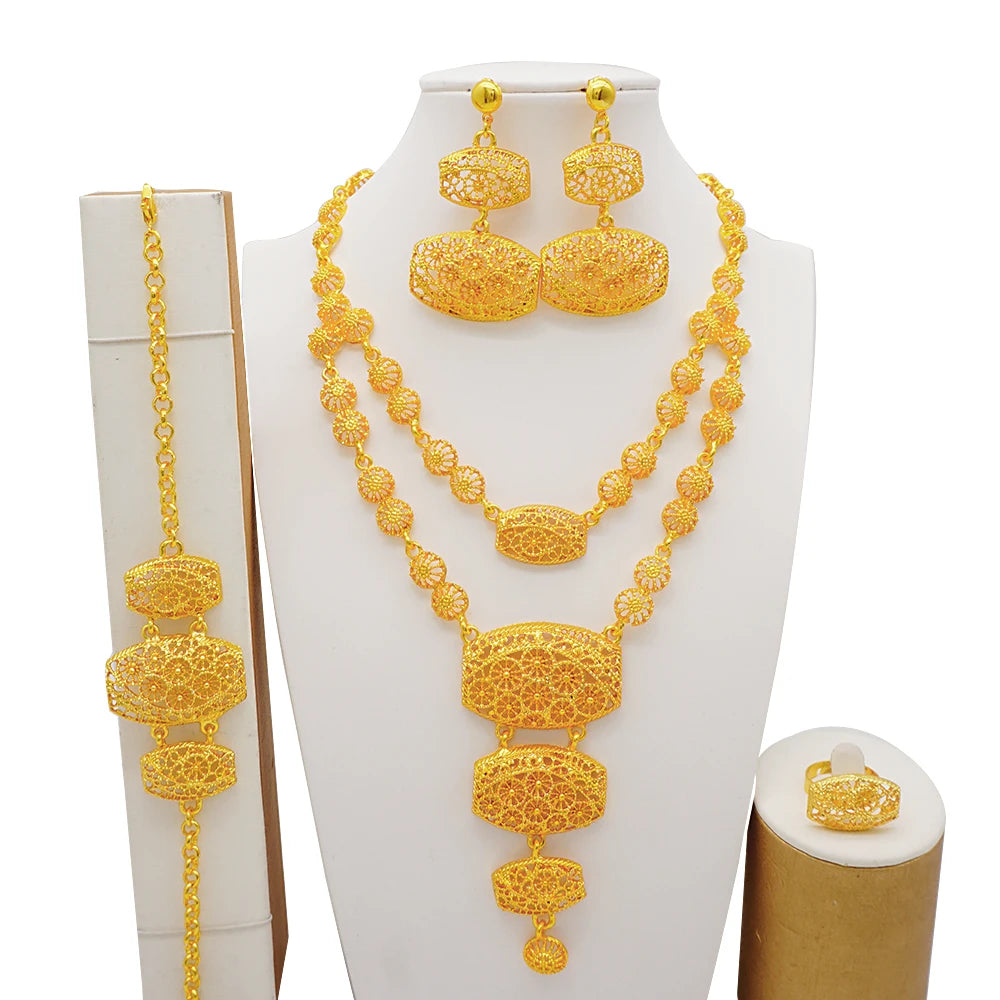 Dubai Gold Color Jewelry Set For Woman Bridal Nigerian African Long Chain Necklace Earrings Bracelet Ring Jewellery Set