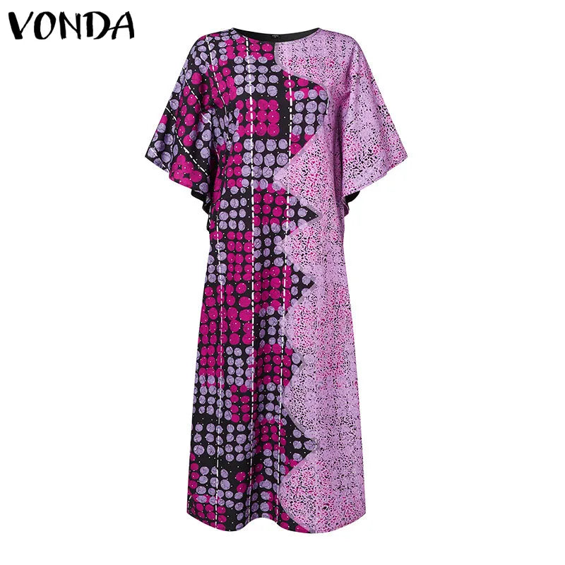 Plus Size VONDA Women Party Dress 2024 Bohemian Printing Sundress Casual Loose 3/4 Sleeve Robe Vintage Bat-wing Sleeve Vestidos
