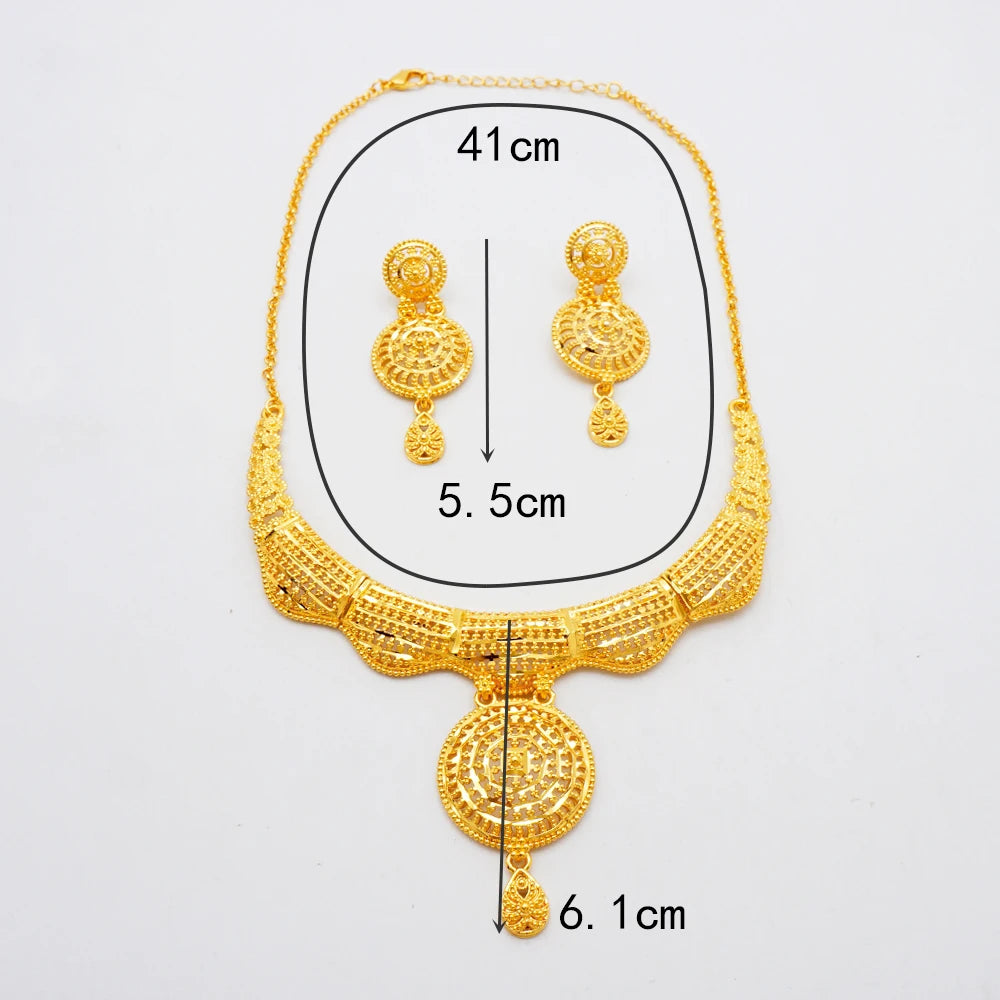 Luxury Indian Jewellery Earrings Necklace Jewelry Sets For Women Dubai Gold Color African Arabic Wedding Bridal  Party Gifts