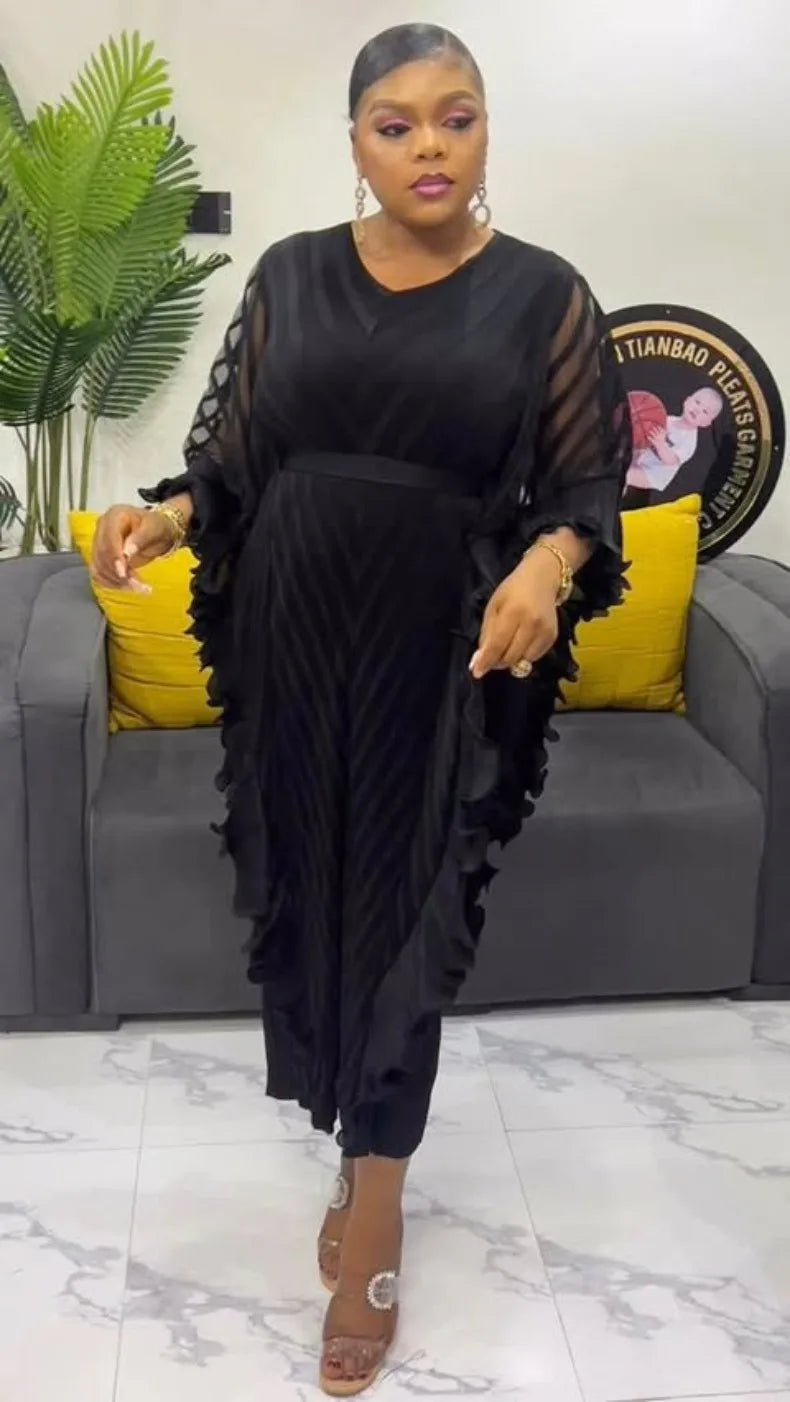 ANLAN Ruffles Pleated Dress Women V Neck Hanging Loose Style Dresses with Belt Female Elegant Clothing Spring 2025 New 2AN9083