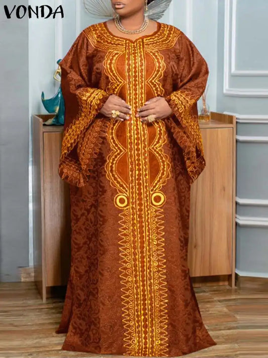 Plus Size VONDA Women Bohemian Long Maxi Dress Long Flare Sleeve Autumn Printed Vestidos Vintage Casual Loose Oversized Sundress