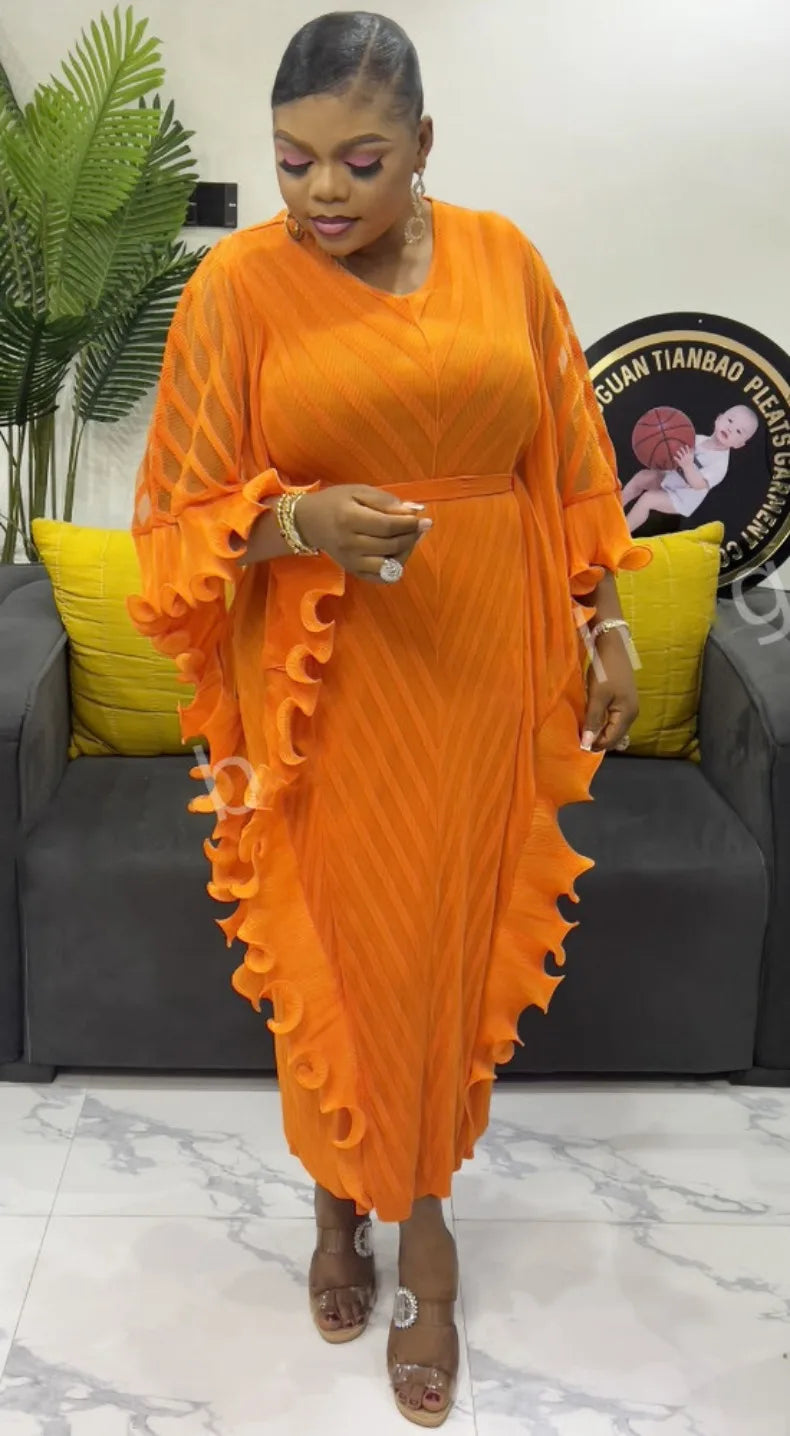 ANLAN Ruffles Pleated Dress Women V Neck Hanging Loose Style Dresses with Belt Female Elegant Clothing Spring 2025 New 2AN9083